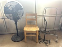 Wood Chair, Frigidaire Pedestal Fan (needs