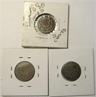 (3) Shield Nickels, 1866 Rays, 1872, 1880