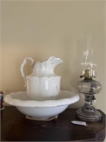Ironstone Pitcher & Bowl & Electrified Oil Lamp