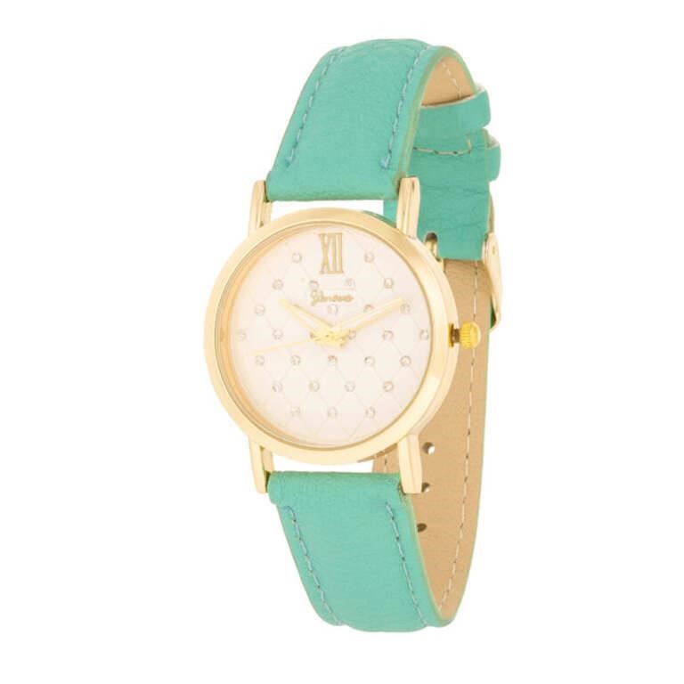 Gold-pl. .30ct White Topaz Mint Leather Watch