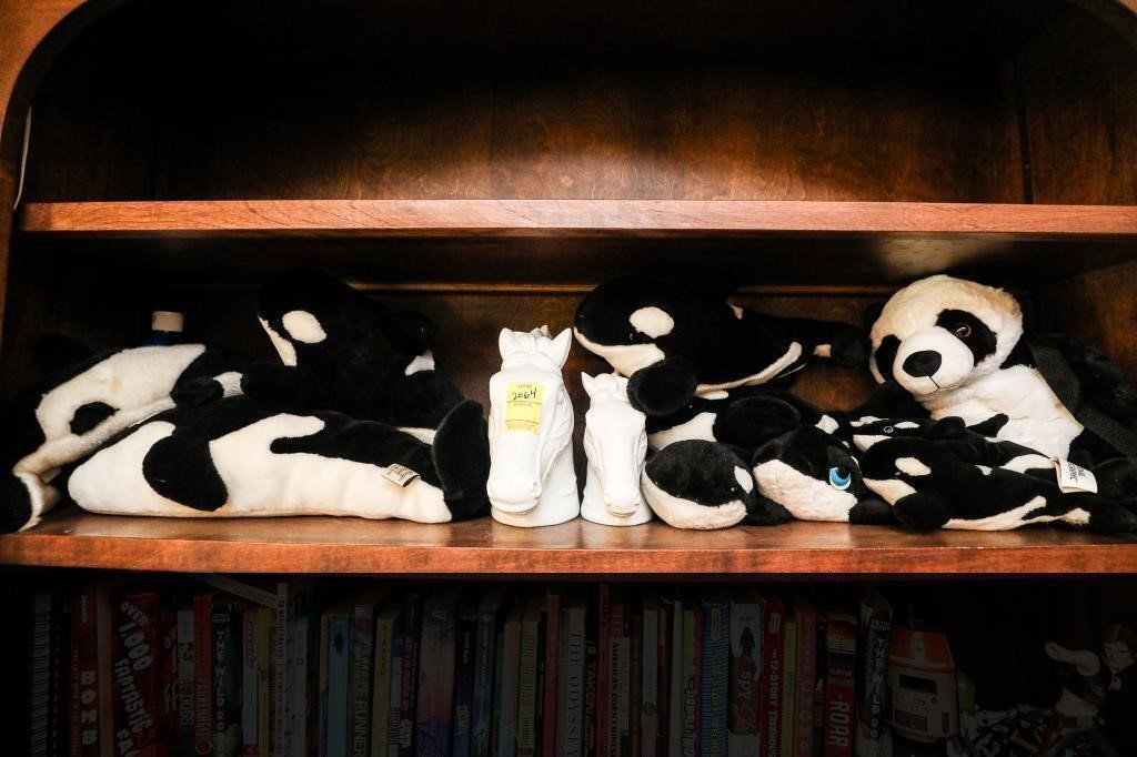 Shelf of Stuffed Animals & (2) White Ceramic