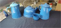 4 good pieces of blue enamelware