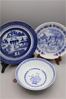 3 Blue & White Plates, Rice Bowl, Mottahedeh+