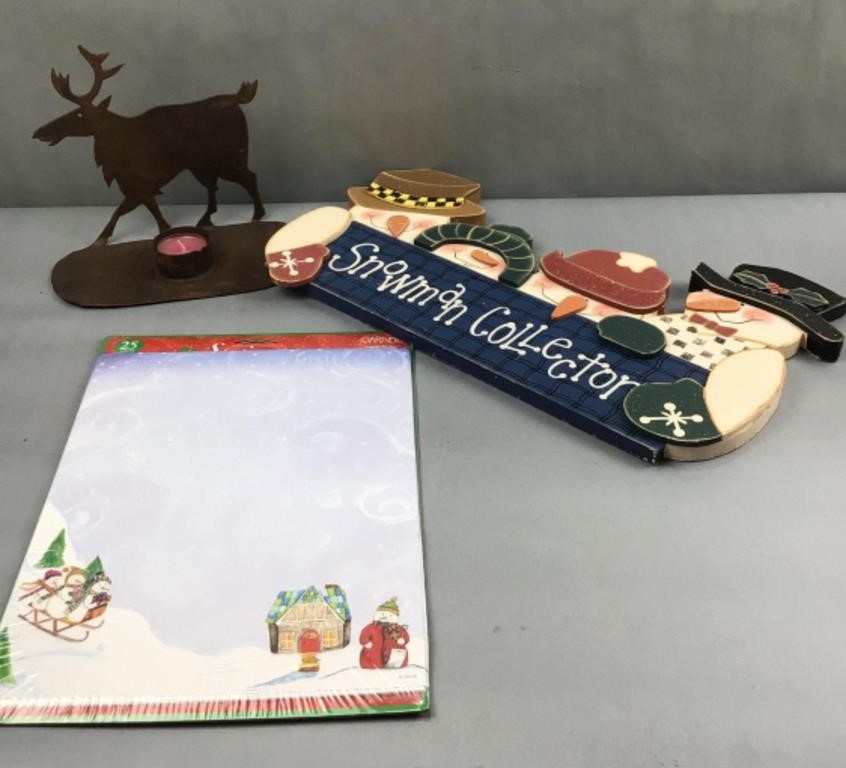 Reindeer tea light holder, snowman sign, and