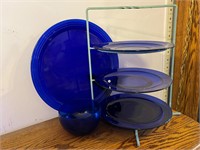 Cobalt Glass Plates Platter Bowl w Metal Stand