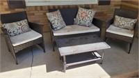 Patio set. Includes 2 chairs, love seat, cushions