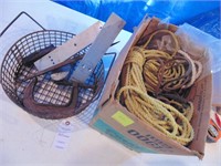 misc rope, wire basket, and C clamp