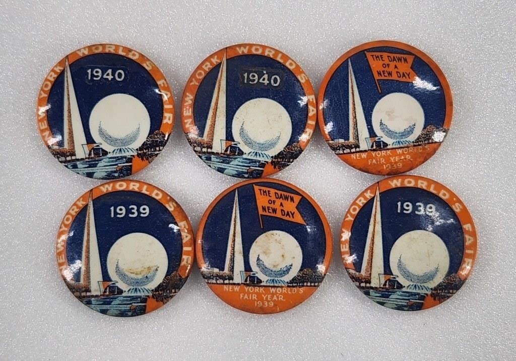 6) 1939 1940 WORLD'S FAIR PINBACK BUTTONS