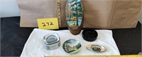 Wood hanging art, porcelain plate and ashtrays