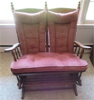 Wood loveseat glider with cushion. Measures: