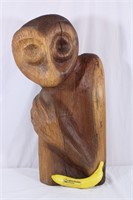 Signed Hand-Carved Wooden Alien-Like Sculpture