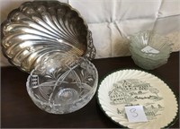 703 - GLASS BOWLS, SHELL PLATTER (S)