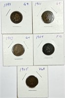 (5) Indian Head Cent Lot 1899,1901,1903,1904,1905