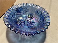 L.E.Smith Blue Carnival 7.5" Ruffled Rose Bowl