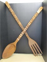 VINTAGE JUMBO WOODEN FORK AND KNIVE WALL ART