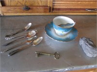 mustache cup,spoons & skeleton key