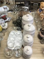 Assorted Canisters & Glasses, Wine Glasses, Etc
