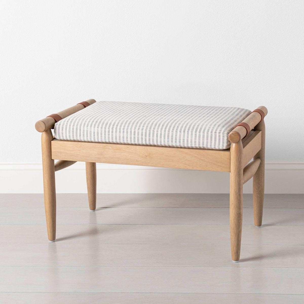 Upholstered natural wood ottoman oatmeal