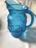 Retro Glass Floral 10" Tall Aqua Blue Pitcher