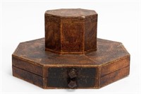 UNIQUE CHINESE WOOD & TEXTURED LEATHER HAT BOX