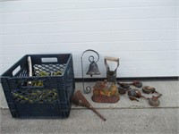 CRATE W/ WHEELS, BELL, ROPE, MISC