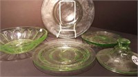 ASSORTED GREEN DEPRESSION GLASS PIECES