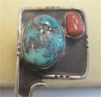 NA Turquoise SS & Coral New Mexico State Ring