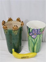 Pr. Hand-Painted Italian, China Frog Art Vases