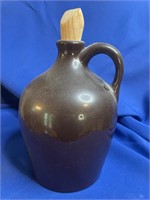 Brown Stoneware Jug w Wooden Stopper 8" Tall
