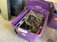 Plastic Tote, Weed Eater String, C Clamps, Level,