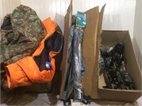 Large box of hunting jackets, Gayla Goose Decoys,