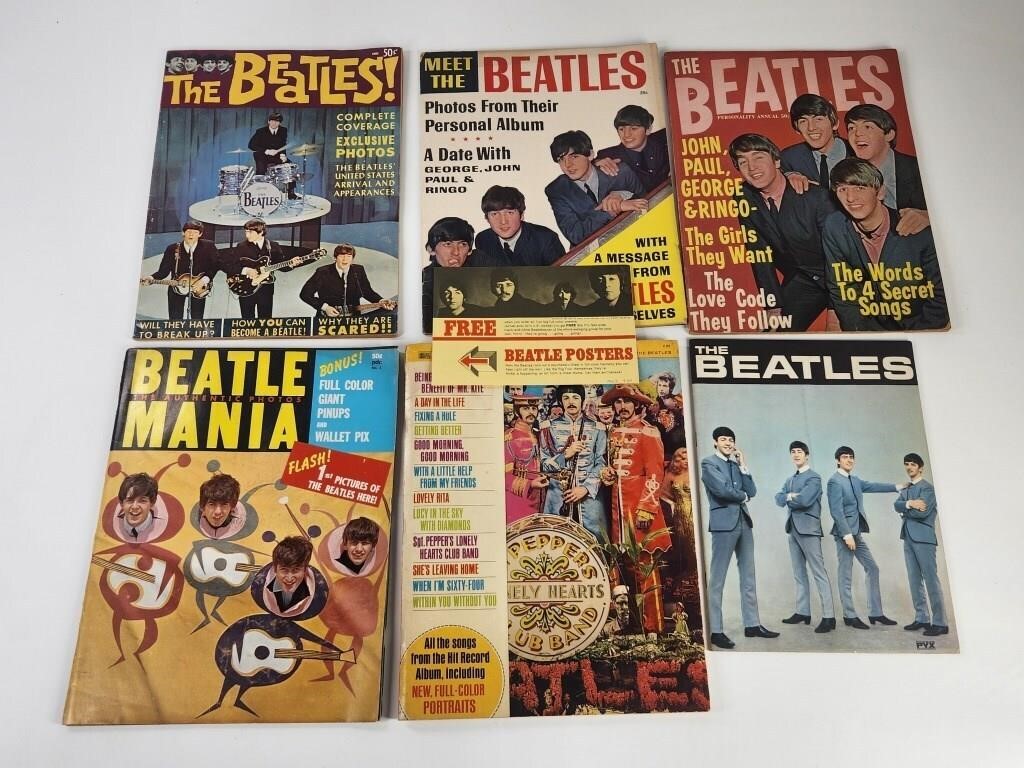 6) VINTAGE THE BEATLES MAGAZINES & POSTER CARD