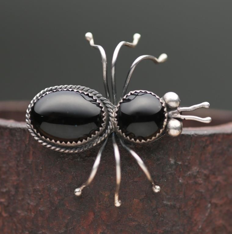 Native American Ant Sterling & Onyx Brooch-8.81g