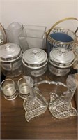 GLASS CANISTERS, VASES, ICE BUCKET AND MISC