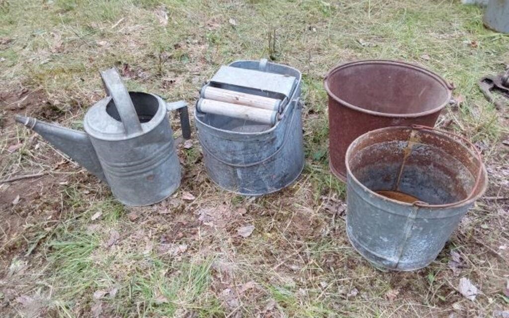 VINTAGE GALVANIZED AND METAL BUCKETS, WATERING