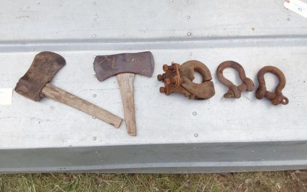 VINTAGE AXES, - PINTLE HITCH AND 2 CLEVIS'S