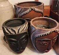 3 African Tribal Face pottery planter pots.