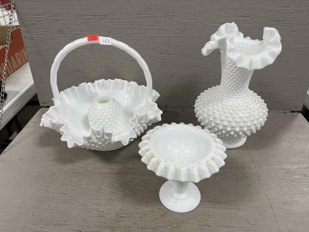 (4) Milk Glass Ruffled Hobnail Glass Pieces