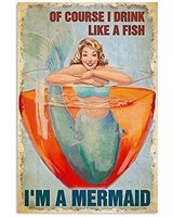 Vintage Mermaid Tin Sign  Drinking Decor  8x12
