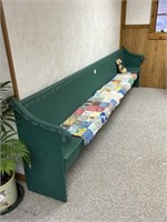 green painted church pew, includes hand stitched