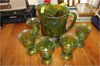 GRAPE AND CABLE - GREEN CARNIVAL GLASS WATER SET