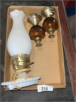 Milk Glass Lamp + (2) Amber Gold Candle Holders