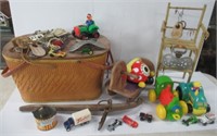 Wicker picnic basket, large group of various toy