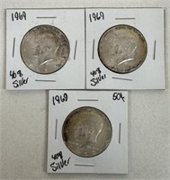 (3) 1969 40% SILVER KENNEDY HALF DOLLARS