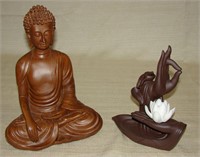 Wooden buddha in lotus position & incense Burner