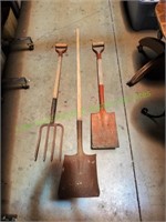 (2) Wood Handle Shovels & Pitch Fork