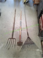 Wood Handle Pitch Fork, Yard Rake & Garden Hoe