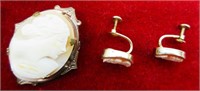 Hand Carved Cameo Brooch & Earrings