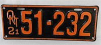 1921 EMBOSSED ONTARIO LICENSE PLATE