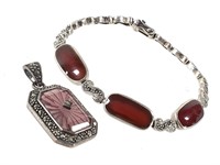 Sterling Marcasite Carnelian Bracelet & Pendant